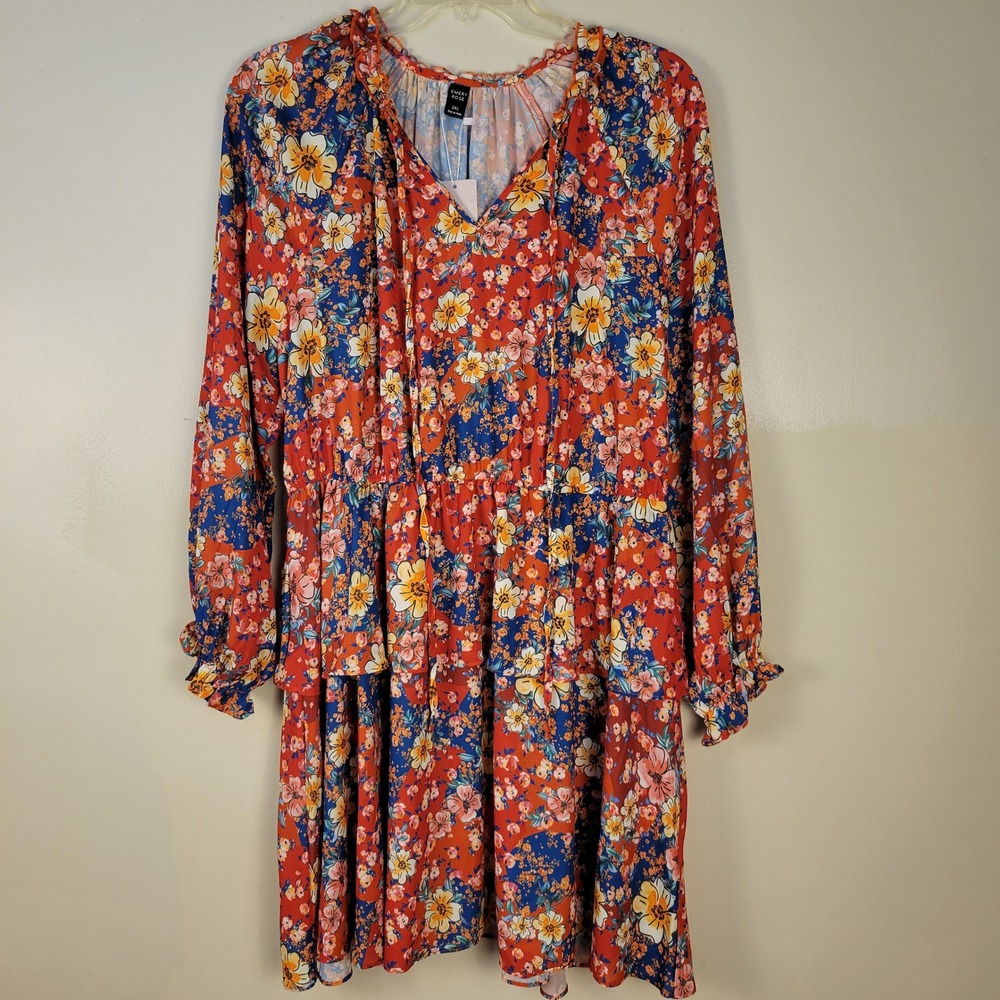 Emery Rose 2XL Red Floral Boho Tiered Long‎ Sleeve V-Neck Tie Dress NWT